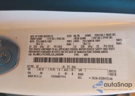 2020 Lincoln Corsair Standard из США, поврежденный, VIN 5LMCJ1C95LUL24299